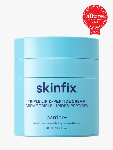 Skinfix Barrier+ Triple Lipid-Peptide Cream in branded blue jar with lid on light gray background with red Allure Best of Beauty seal in the top right corner