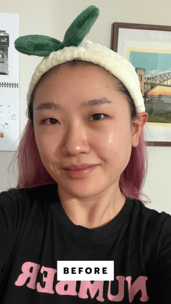 A selfie of Allure commerce editor Sarah Han before using the Some By Mi PDRN Spirulina Soothing Sherbet Mask